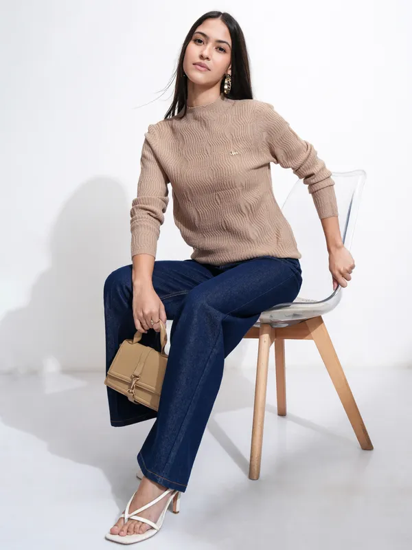 Tokyo Talkies Women Brown Mock Collar Sweater