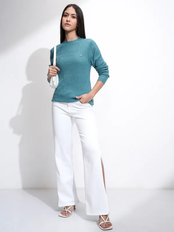 Tokyo Talkies Women Blue Mock Collar Sweater