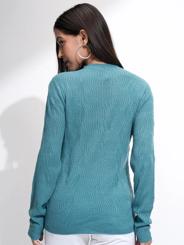 Tokyo Talkies Women Blue Mock Collar Sweater