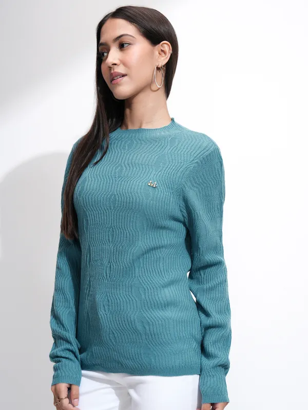 Tokyo Talkies Women Blue Mock Collar Sweater