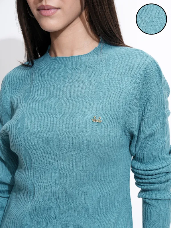 Tokyo Talkies Women Blue Mock Collar Sweater