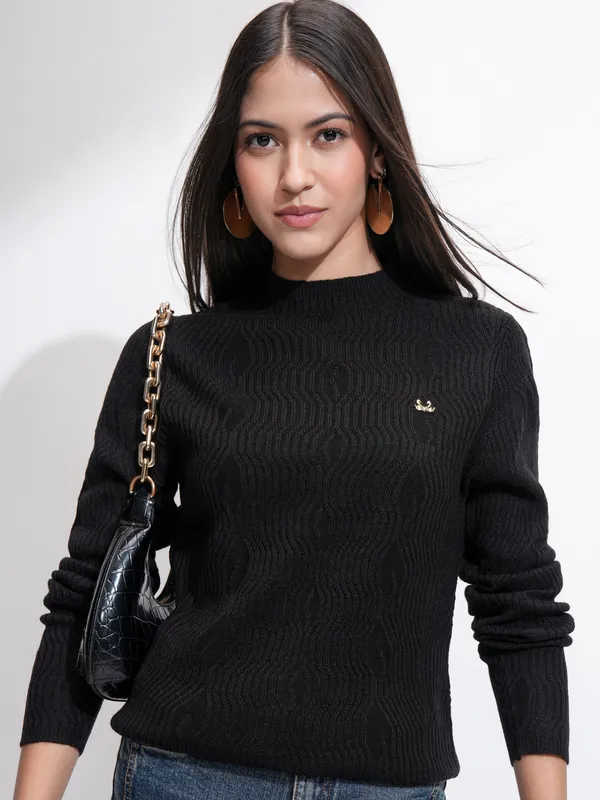 Tokyo Talkies Women Black Mock Collar Sweater