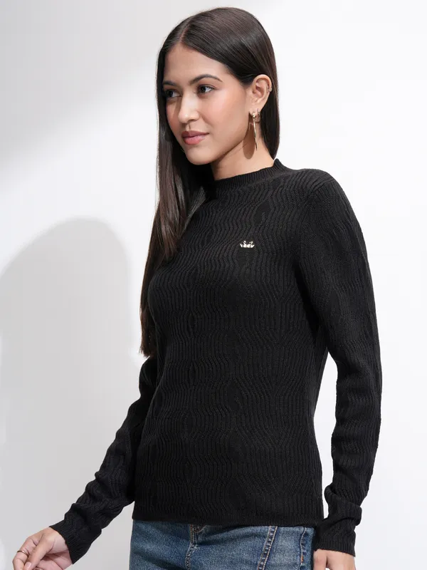 Tokyo Talkies Women Black Mock Collar Sweater