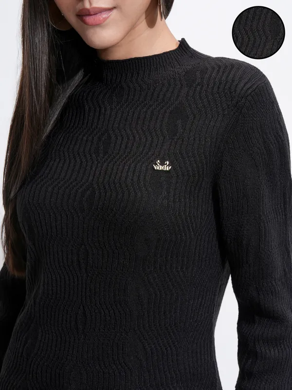 Tokyo Talkies Women Black Mock Collar Sweater