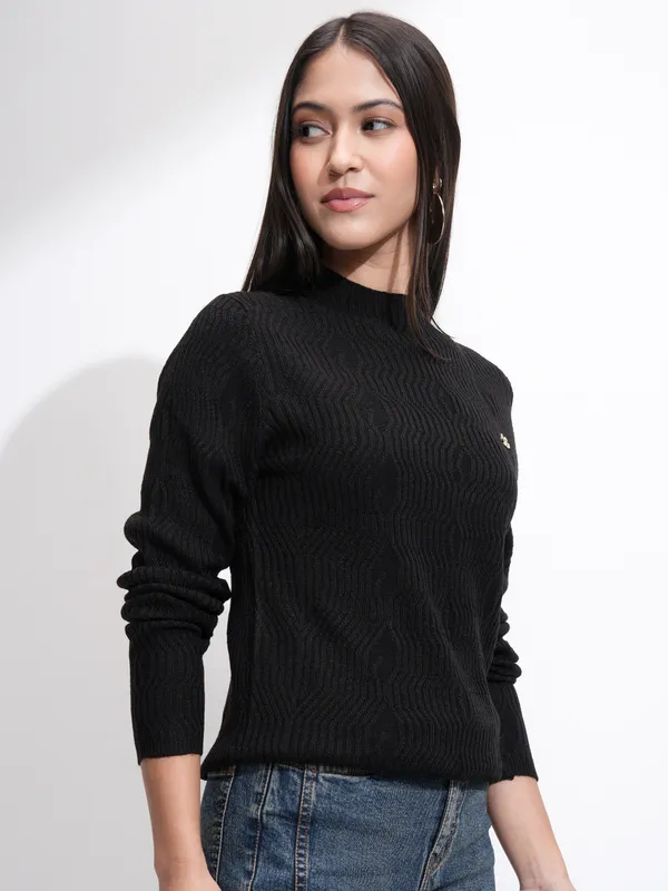 Tokyo Talkies Women Black Mock Collar Sweater