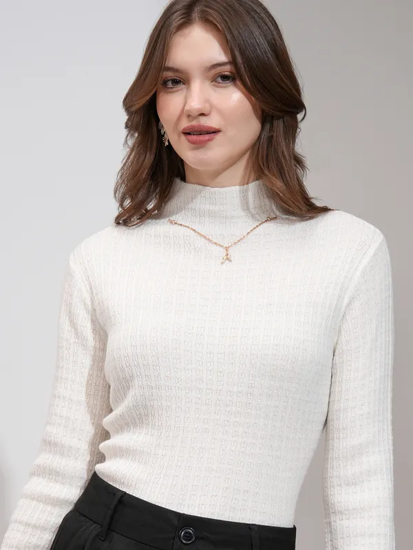 Tokyo Talkies Women Off White Turtle Neck Sweater