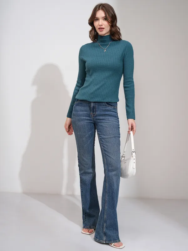 Tokyo Talkies Women Blue Turtle Neck Sweater