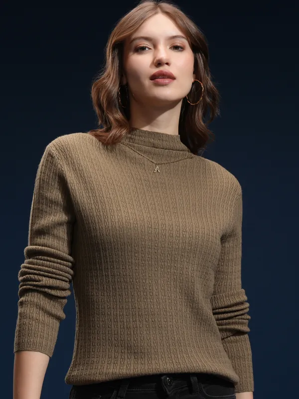 Tokyo Talkies Women Brown Mock Collar Sweater