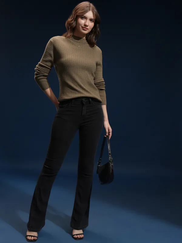 Tokyo Talkies Women Brown Mock Collar Sweater