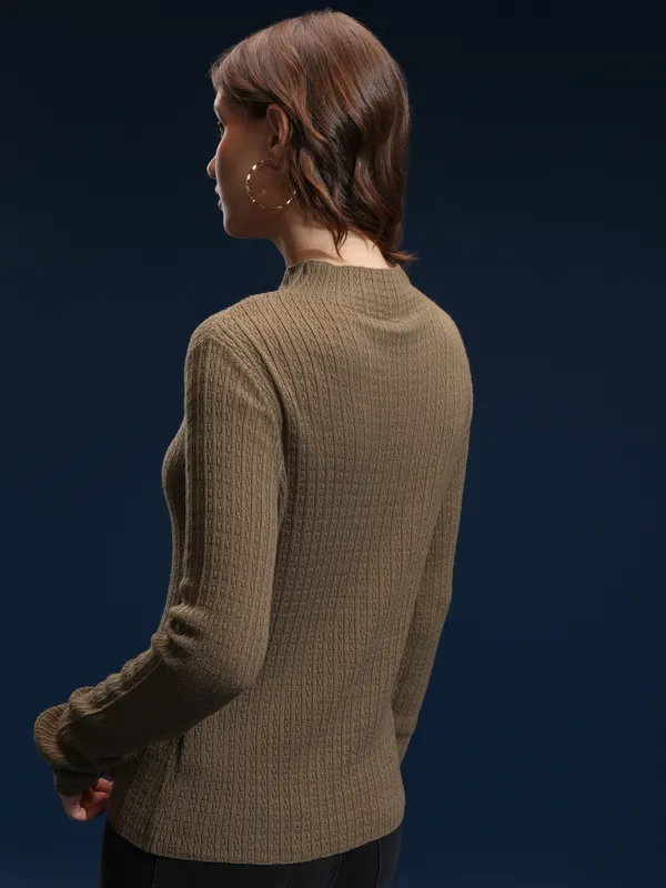 Tokyo Talkies Women Brown Mock Collar Sweater