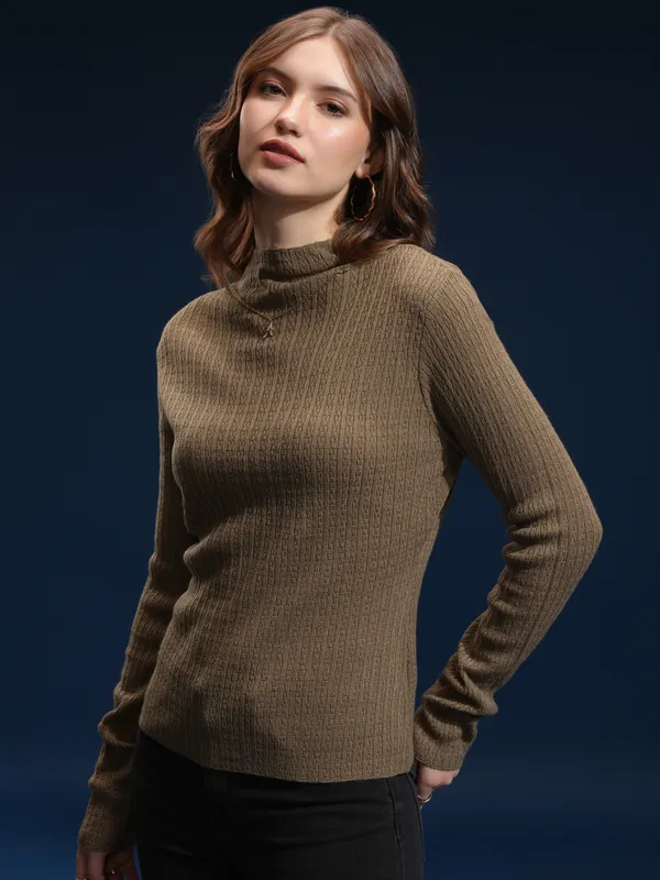Tokyo Talkies Women Brown Mock Collar Sweater