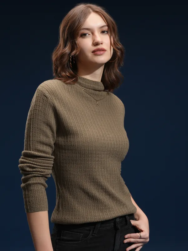Tokyo Talkies Women Brown Mock Collar Sweater