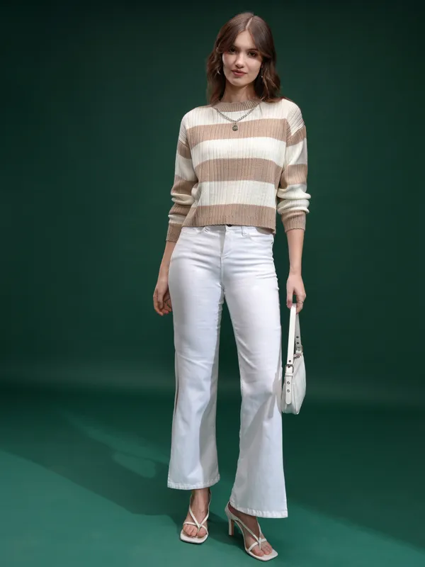 Tokyo Talies Women Off White Round Neck Sweater