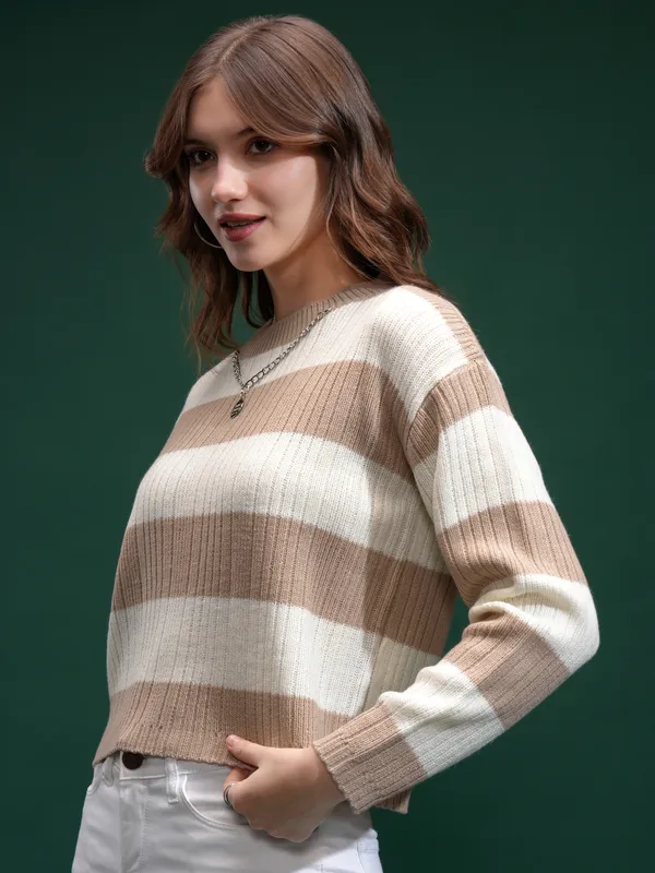 Tokyo Talies Women Off White Round Neck Sweater
