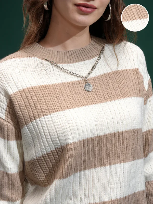 Tokyo Talies Women Off White Round Neck Sweater