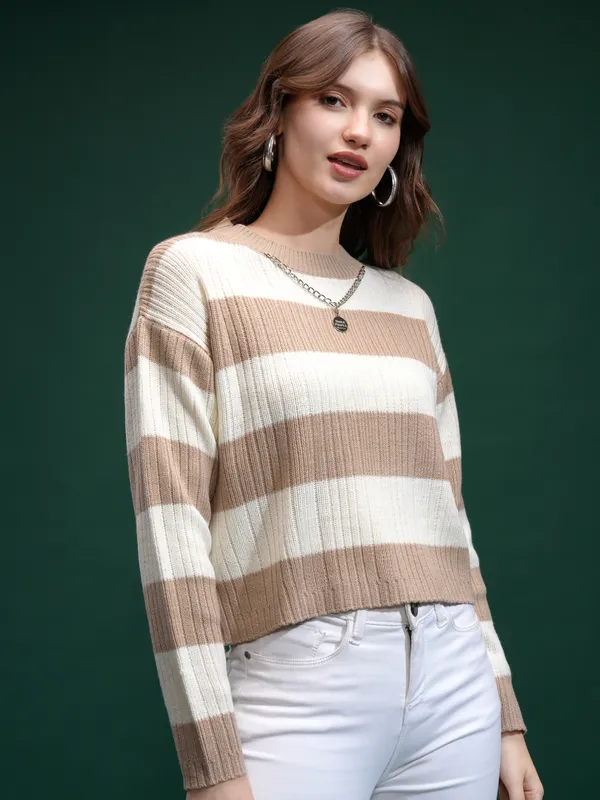 Tokyo Talies Women Off White Round Neck Sweater