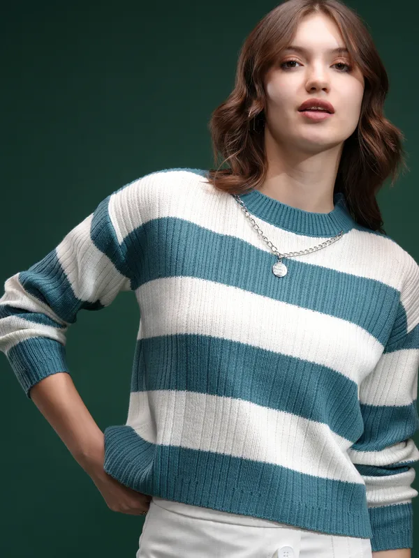 Tokyo Talies Women Blue Round Neck Sweater