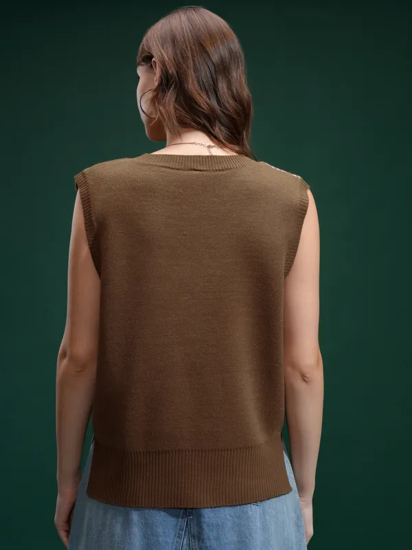 Tokyo Talies Women Brown V-Neck Sweater