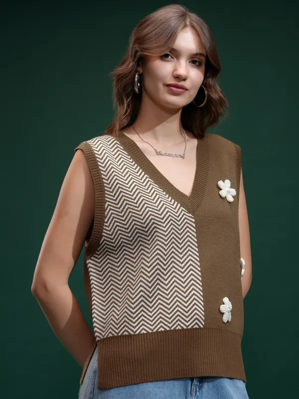 Tokyo Talies Women Brown V-Neck Sweater