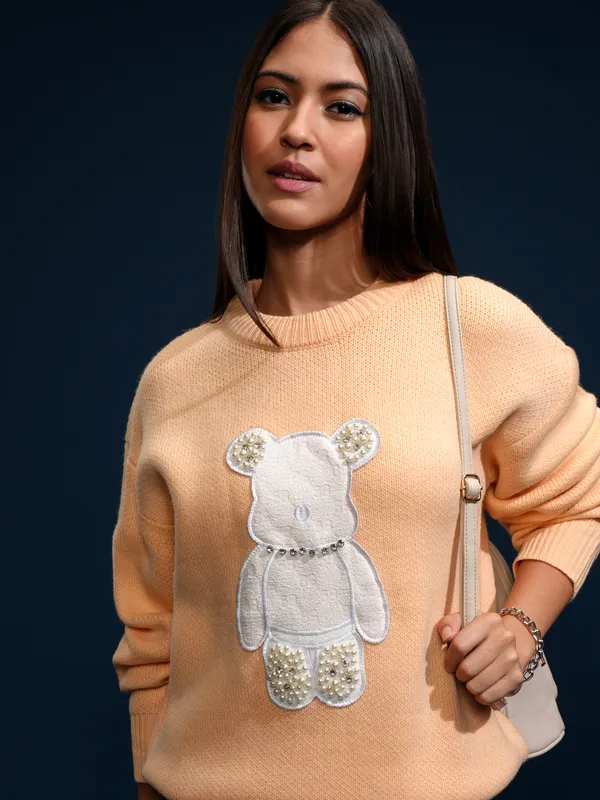 Tokyo Talkies Women Peach Round Neck Sweater