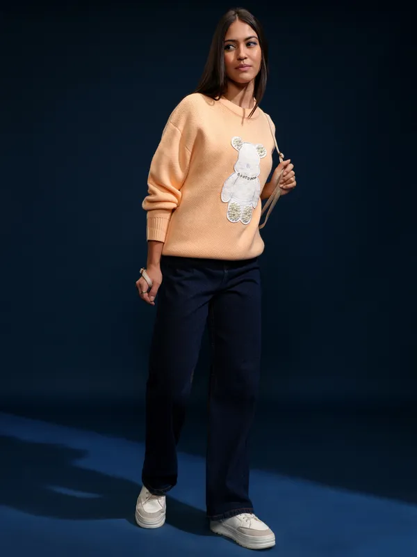 Tokyo Talkies Women Peach Round Neck Sweater