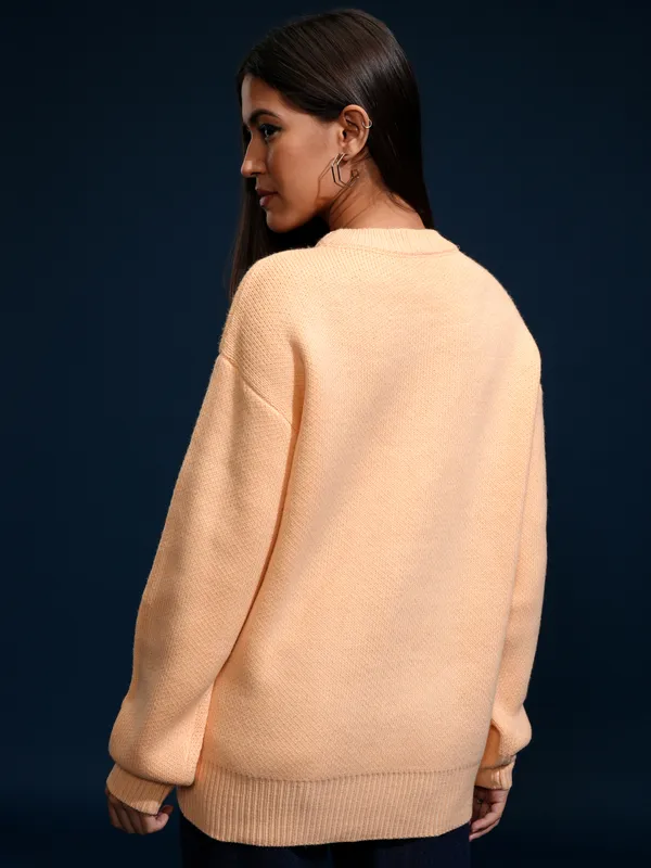 Tokyo Talkies Women Peach Round Neck Sweater