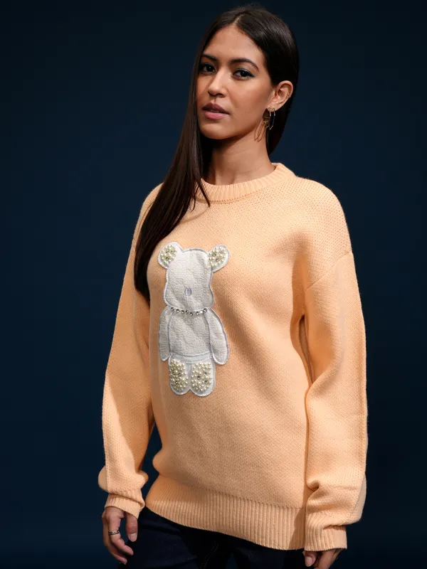 Tokyo Talkies Women Peach Round Neck Sweater