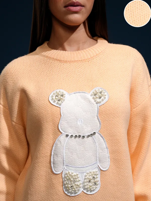 Tokyo Talkies Women Peach Round Neck Sweater