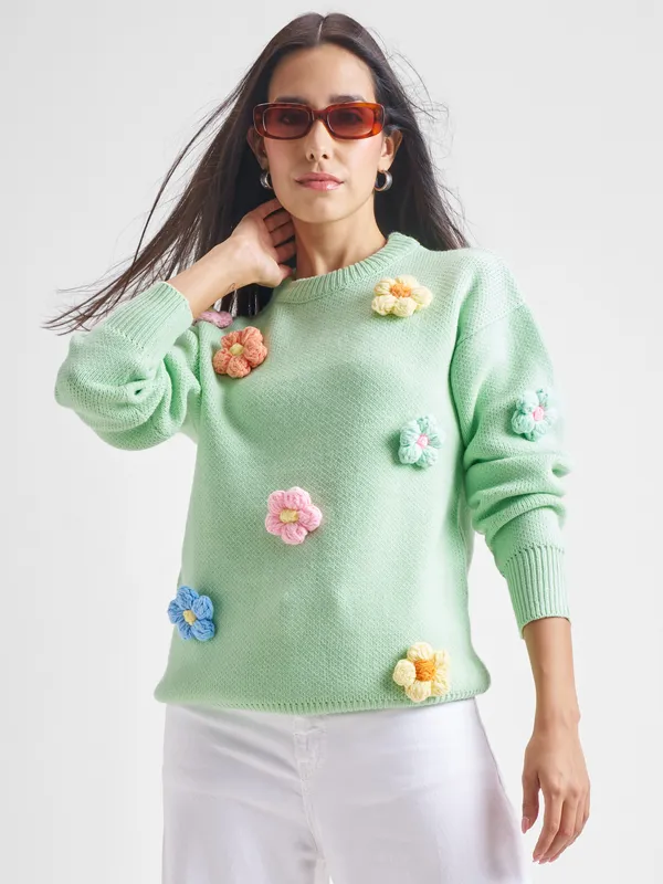 Tokyo Talkies Women Green Round Neck Sweater