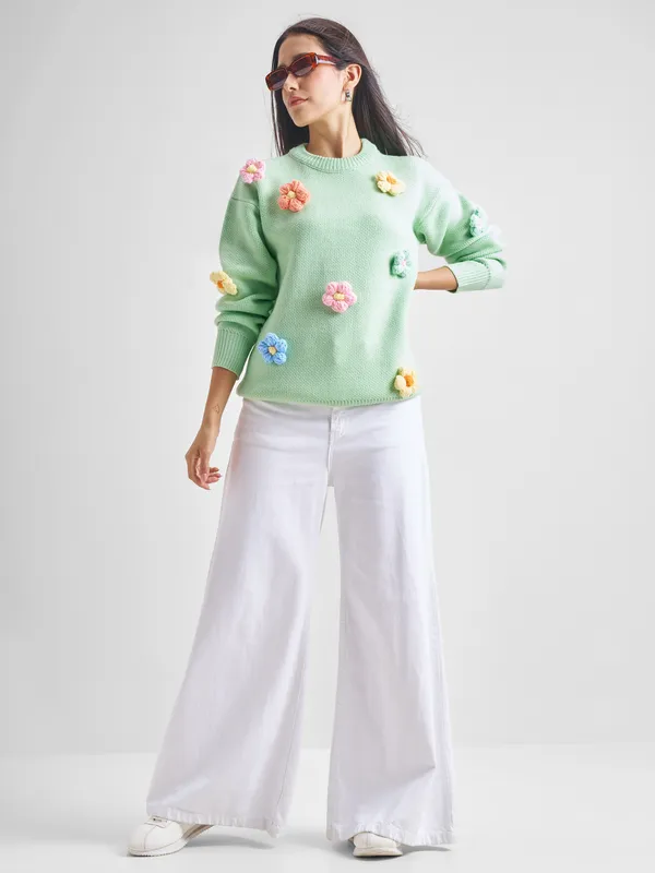 Tokyo Talkies Women Green Round Neck Sweater