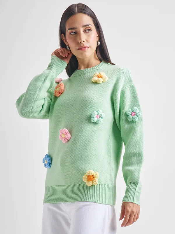 Tokyo Talkies Women Green Round Neck Sweater