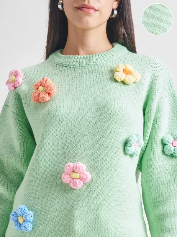 Tokyo Talkies Women Green Round Neck Sweater