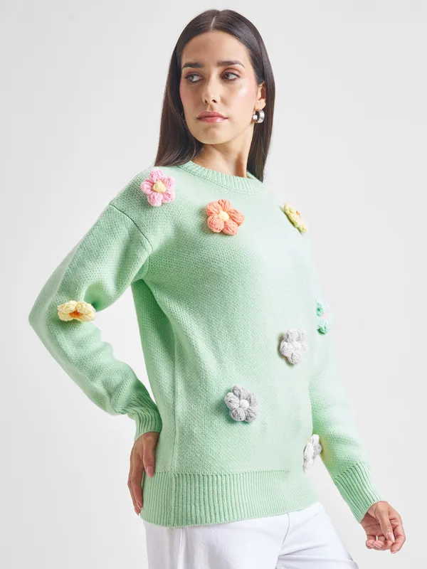 Tokyo Talkies Women Green Round Neck Sweater