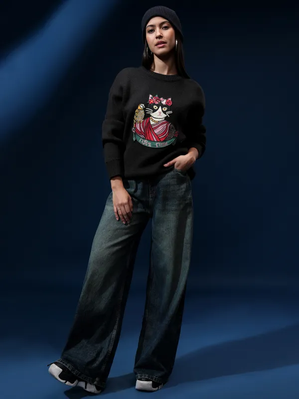 Tokyo Talkies Women Black Round Neck Sweater