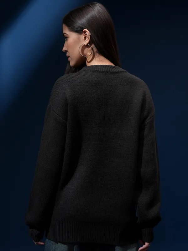 Tokyo Talkies Women Black Round Neck Sweater