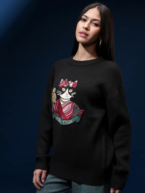 Tokyo Talkies Women Black Round Neck Sweater