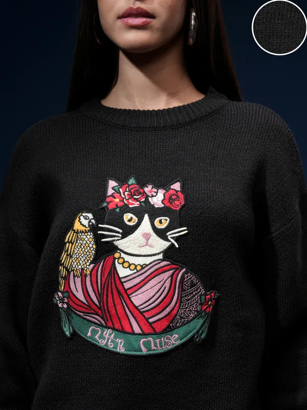 Tokyo Talkies Women Black Round Neck Sweater