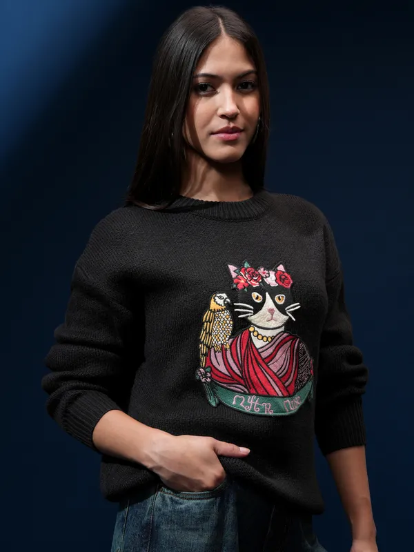 Tokyo Talkies Women Black Round Neck Sweater