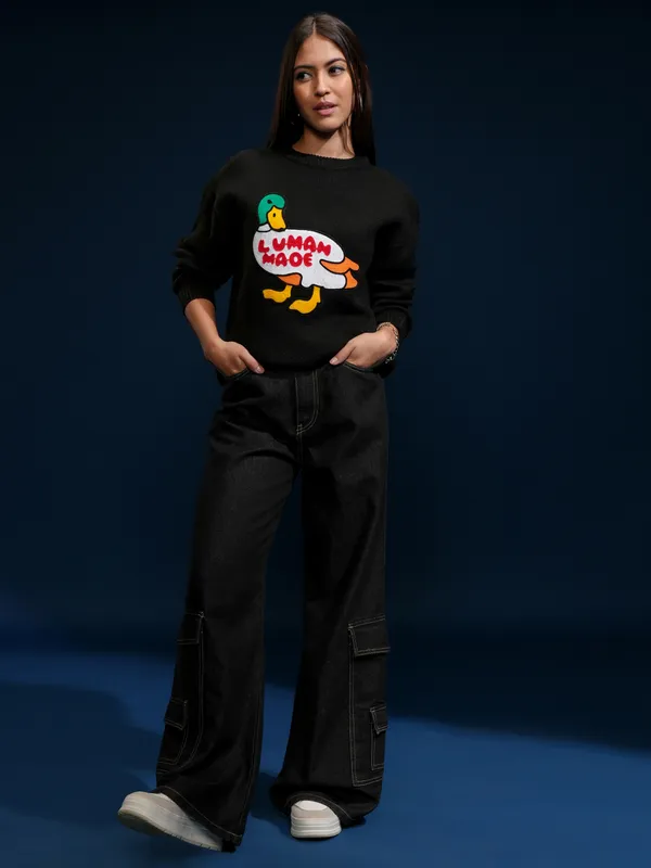 Tokyo Talkies Women Black Round Neck Sweater