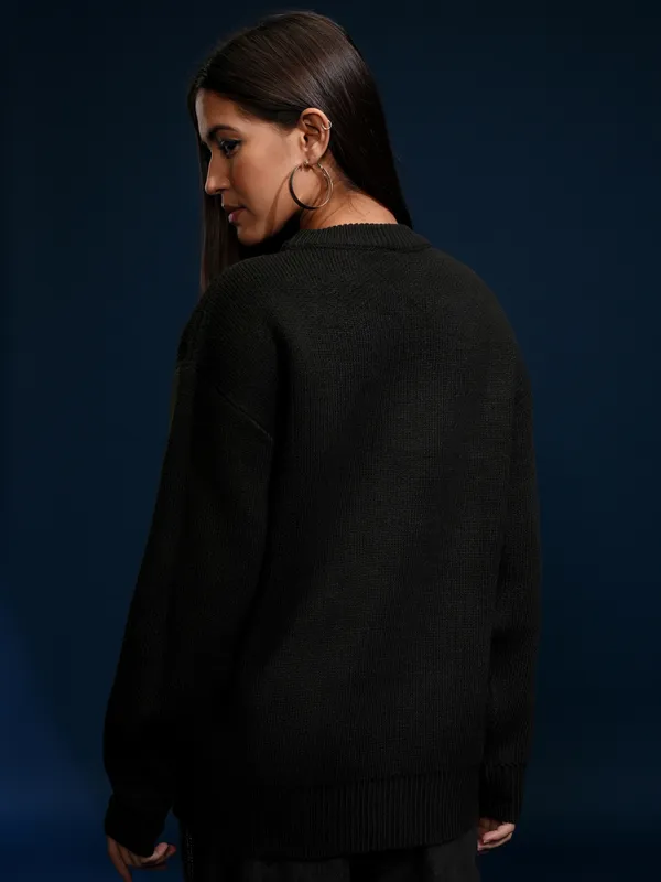 Tokyo Talkies Women Black Round Neck Sweater