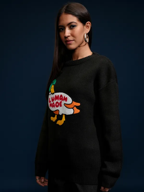 Tokyo Talkies Women Black Round Neck Sweater