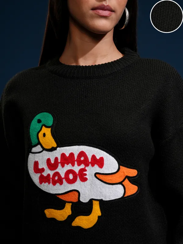 Tokyo Talkies Women Black Round Neck Sweater