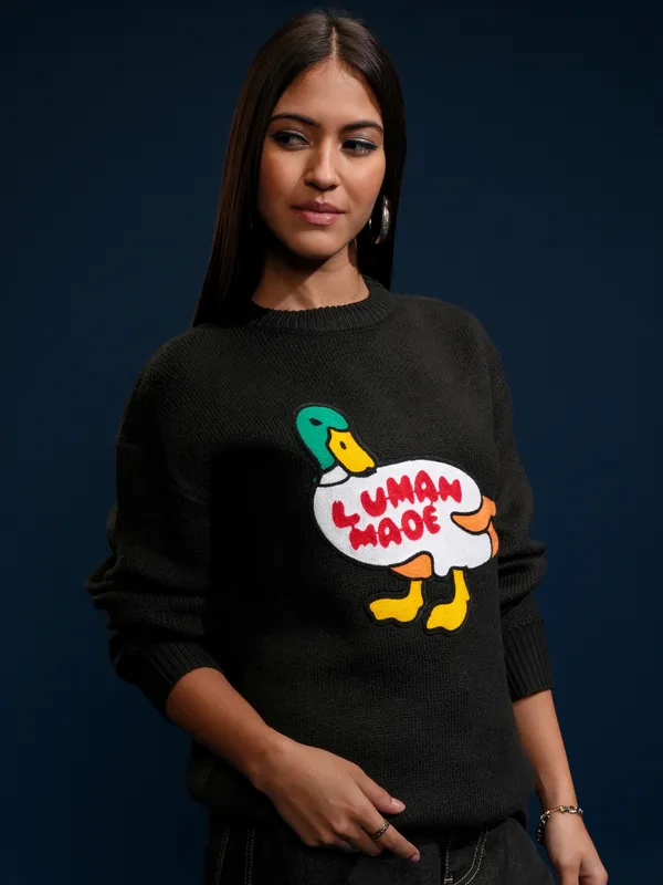 Tokyo Talkies Women Black Round Neck Sweater