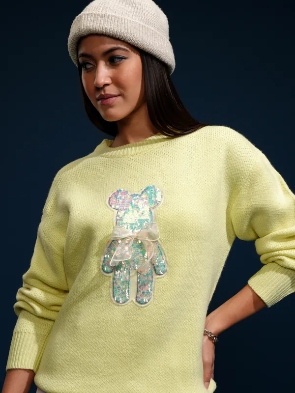 Tokyo Talkies Women Yellow Round Neck Sweater