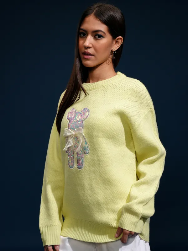 Tokyo Talkies Women Yellow Round Neck Sweater