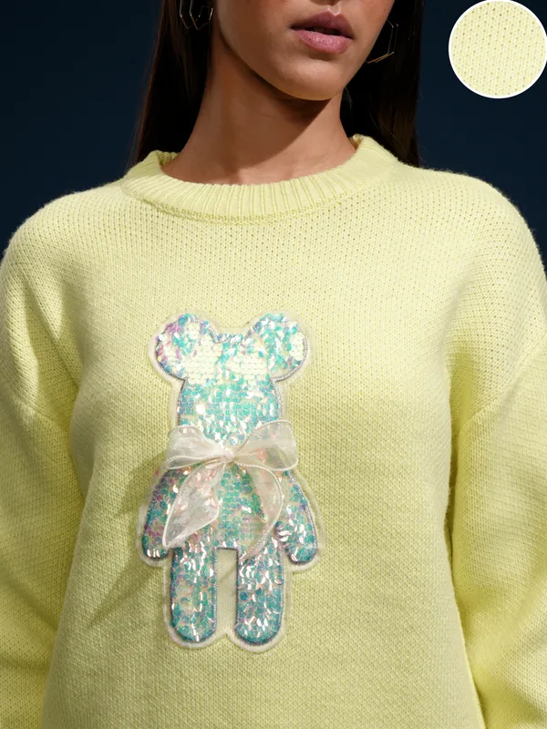 Tokyo Talkies Women Yellow Round Neck Sweater