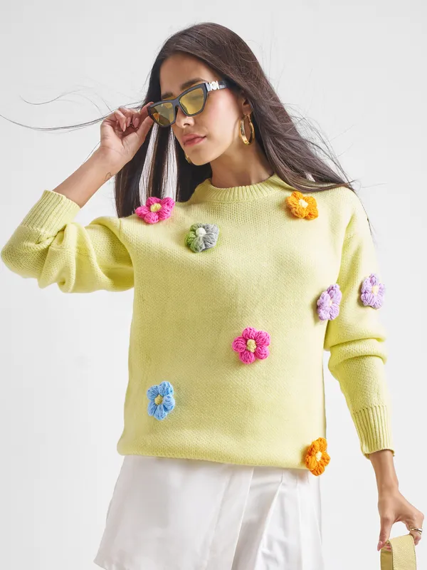 Tokyo Talkies Women Yellow Round Neck Sweater