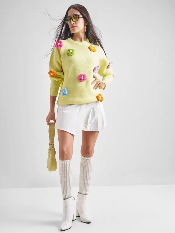 Tokyo Talkies Women Yellow Round Neck Sweater