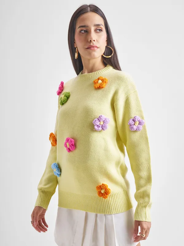 Tokyo Talkies Women Yellow Round Neck Sweater
