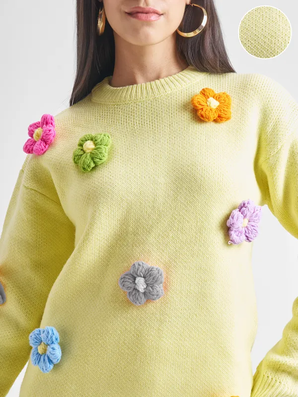 Tokyo Talkies Women Yellow Round Neck Sweater